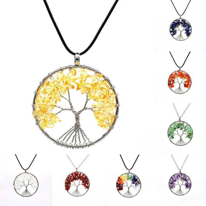 Créatif Gravier Naturel Arbre de Vie Collier Pendentif En Cristal À La Main Chandail Chaîne 7 Chakra Pierre Naturelle Colliers 16 Styles