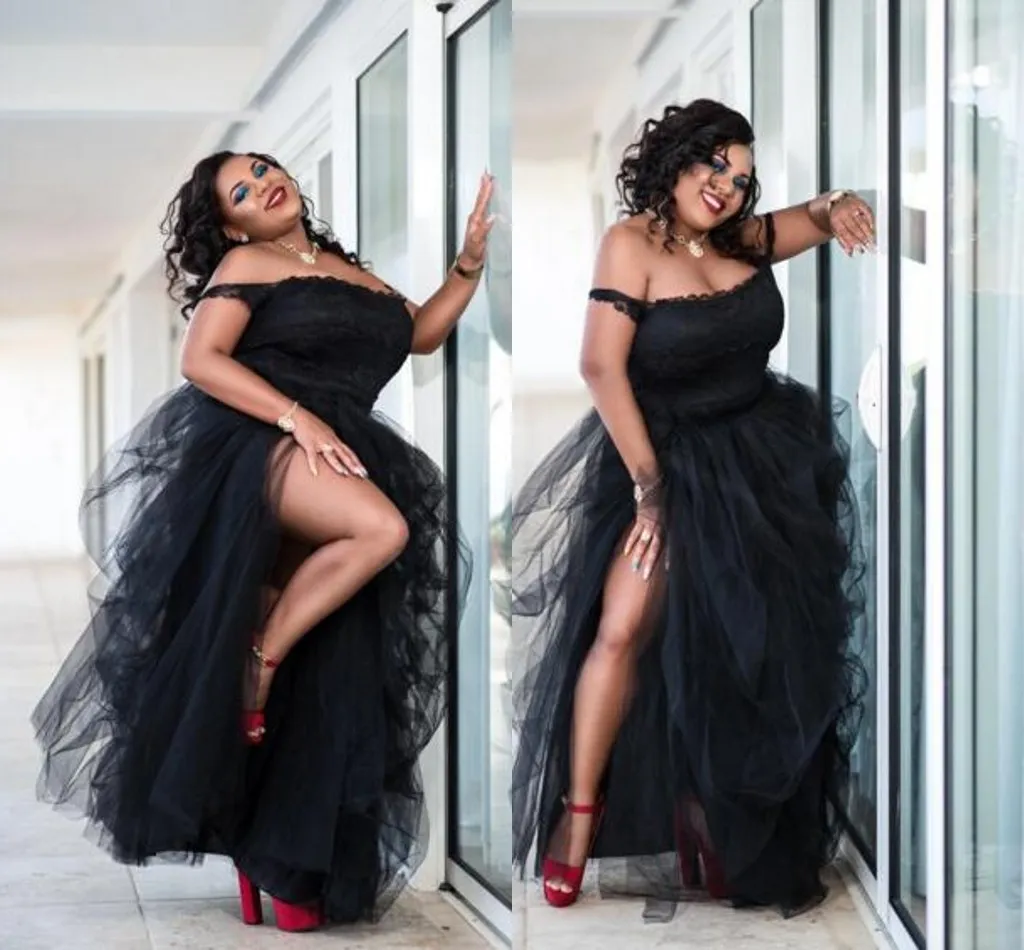 Sexy Black Plus Size Prom Dresses Side Split Tutu Tulle Off The Ramię Dresses Kobiety Formalne Nosić Afryki Suknie Wieczorowe