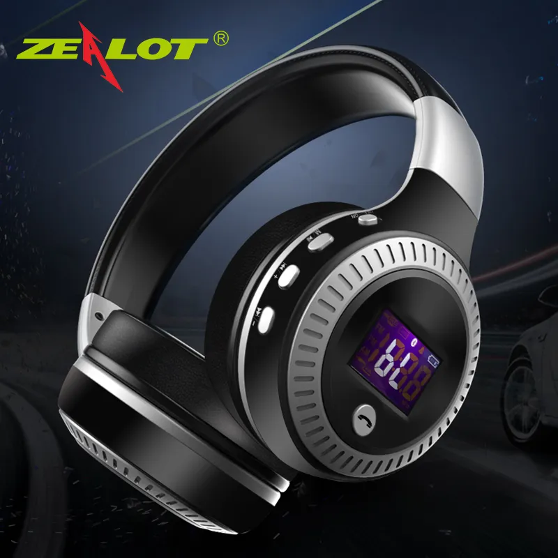 Zealot B19 Headphone LCD-skärm HiFi Bass Stereo Hörlurar Bluetooth Wireless Headset med MIC FM Radio TF-kortplats Hörlurar 6PCS / Lot