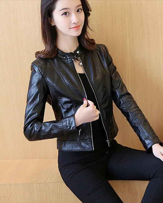 Wholesale- Women Leather Jacket Single Pimkie Washed PU Leather Motorcycle Jacket PIMKIE Jacket Slim Female Soft Leather Large black pink