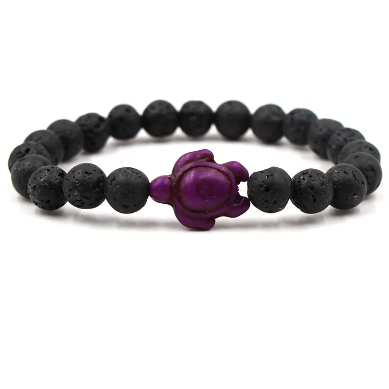 Tortoise Charms 8mm Naturlig Svart Lava Stone Beads Armband Eterisk Olja Parfym Diffuser Armband Stretch Yoga Smycken