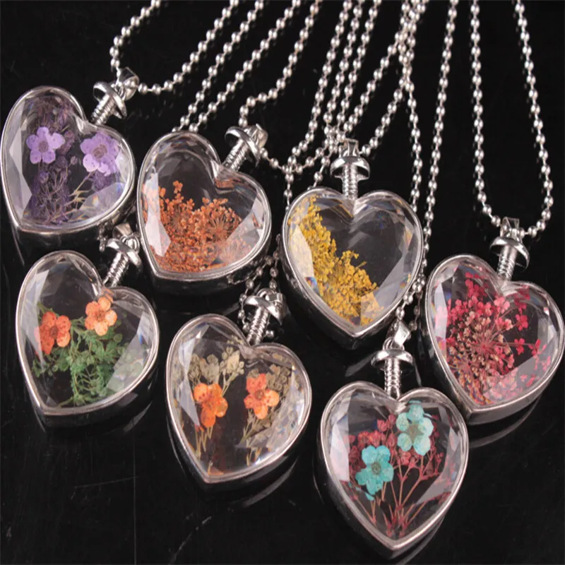 Natural Real colorful Decorative Dried Flowers Necklace Pendant Dry Flower Plants Jewelry Heart Metal Glass Necklace T2C381
