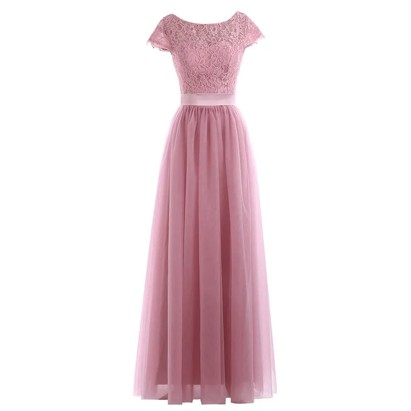 Pembe Scoop Boyun Dantel Uzun Tül Gelinlik Modelleri Robe de soiree Cap Sleeve V Backless Nedime Elbisesi