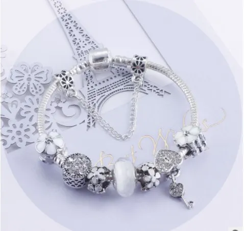 925 Sterling Silver Charm Perle Blanc fit Européenne Pandora Bracelets pour Femmes Double Coeur Cristal Charme Perles Serpent Chaîne Bijoux De Mode