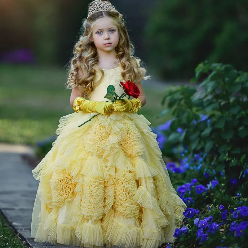 Förtjusande Little Queen Födelsedag Klänningar Underbara Ruffles Blommor Zipper Golvlängd Tjejer Pageant Klänning Härlig Blommig Tjej Klänning med Handskar