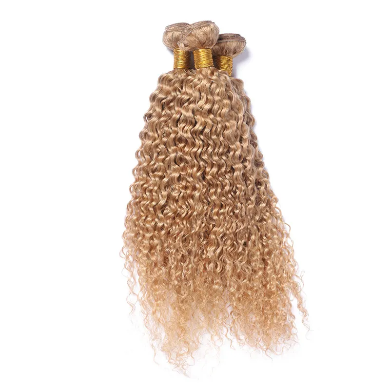 Honey Blonde Kinky Curly Hair Extension # 27 Aardbei Blonde Afro Kinky Menselijk Haar Weeft 3 stks / partij Snelle Verzending