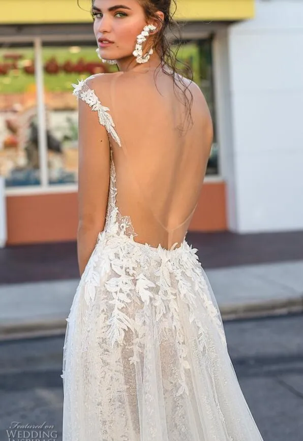 2019 Berta sjöjungfru bröllopsklänningar med avtagbart tåg Deep V Neck Lace Applique Illusion Backless Country Bridal Dress Plus SIZ9042594