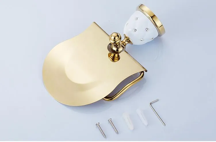 Gold Toilet Paper Holder with diamond Roll Tissue hanger shelves Solid Brass Bathroom Accessories