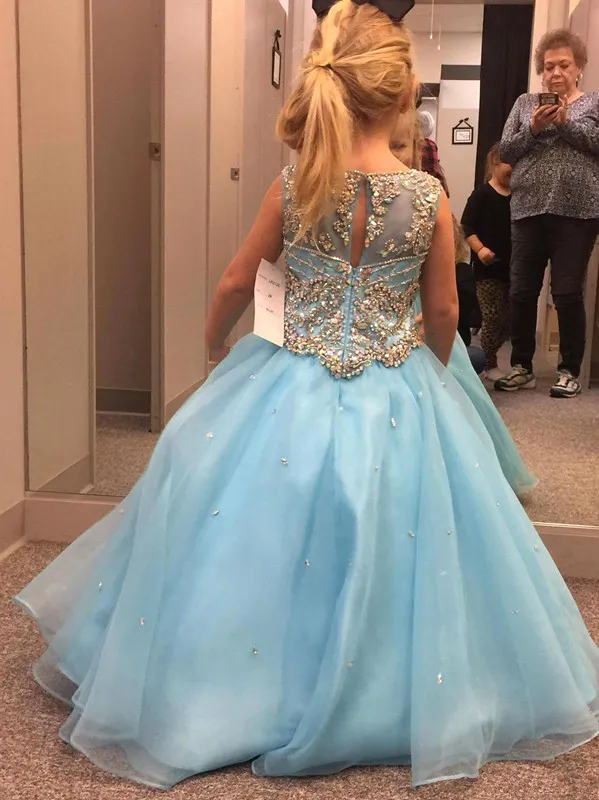 2019 Nieuwste Kristallen Beaded Light Sky Blue Girls Pageant Jurken A Line Kids Formal Wear Jurken Bloem Meisje Jurk Gratis Verzending