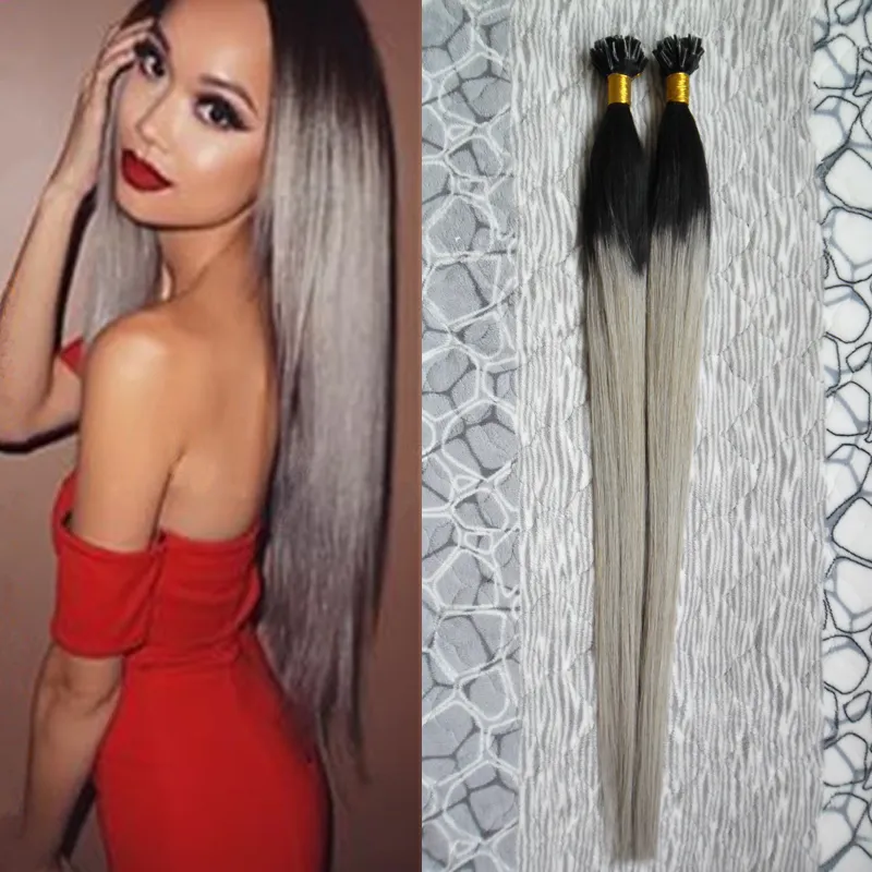 T1B/grey Ombre Keratin Human Fusion Hair Machine Made Remy Nail U Tip Capsule Human Hair Extension 100g/strands silver