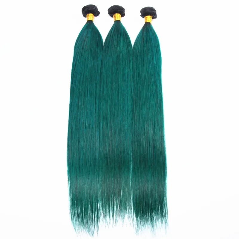 Raízes escuras Cabelo Liso Verde Com Laço Frontal Ombre Dois Tons 1B Cabelo Verde Escuro 3 Pacotes Com Ouvido Para Orelha Frontal