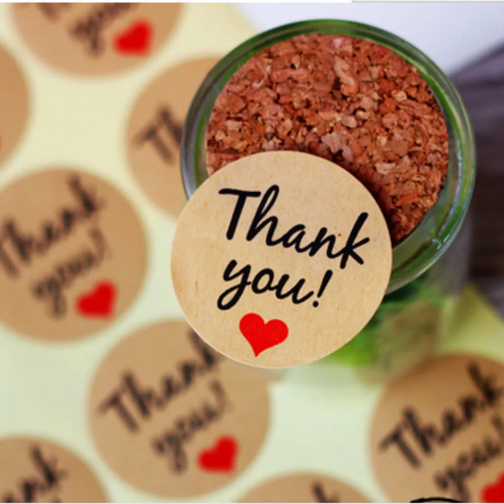 Étiquette adhésive en papier kraft « Merci » avec cœur rouge, diamètre 38 mm, étiquette autocollante pour décoration de cadeaux et emballage de pâtisserie.