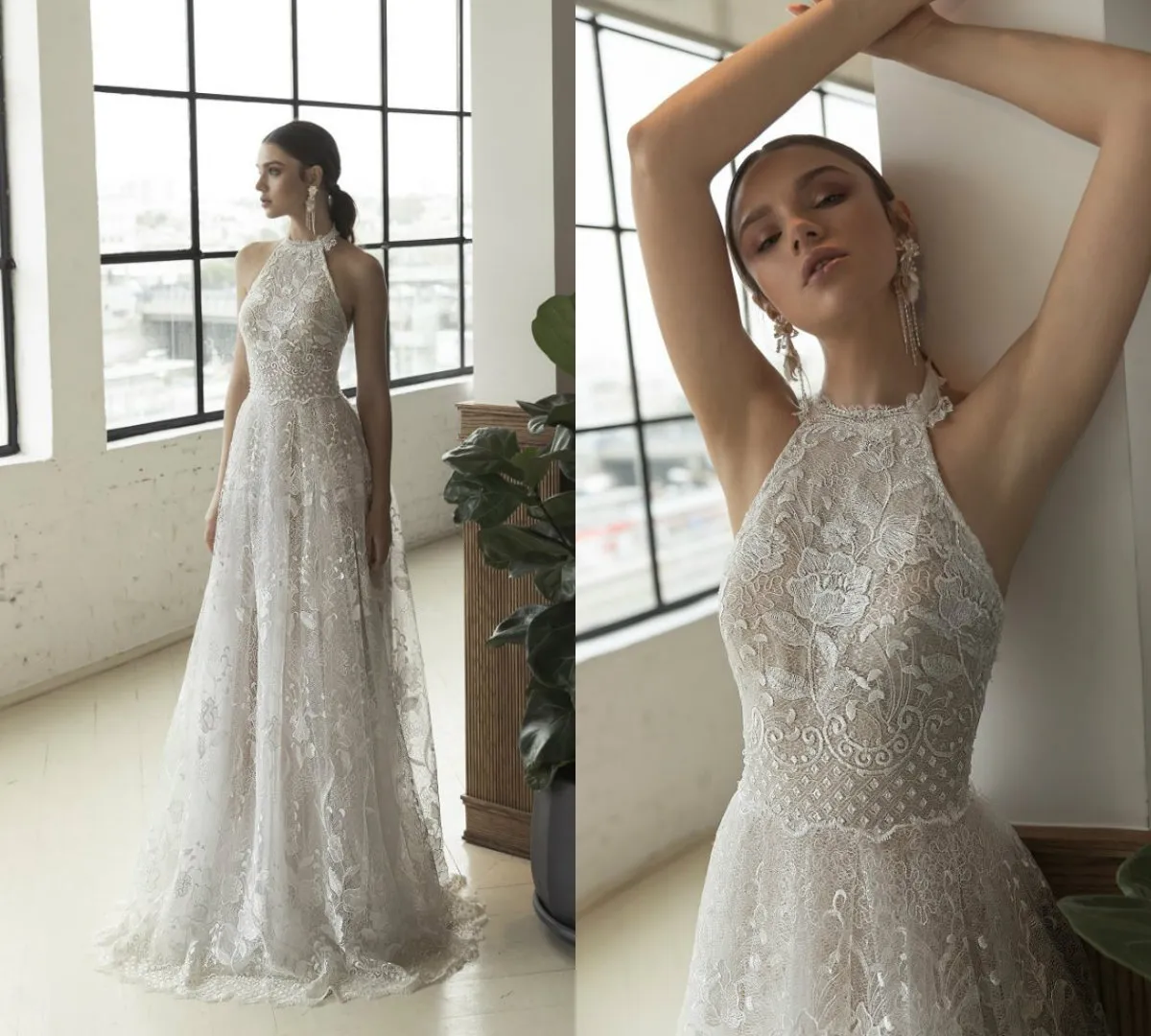 2019 Julie Vino Beach Wedding Dresses A Line Halter Lace Appliques Sweep Train Sexy Back Boho Bridal Gowns Custom Made Plus Wedding Dress