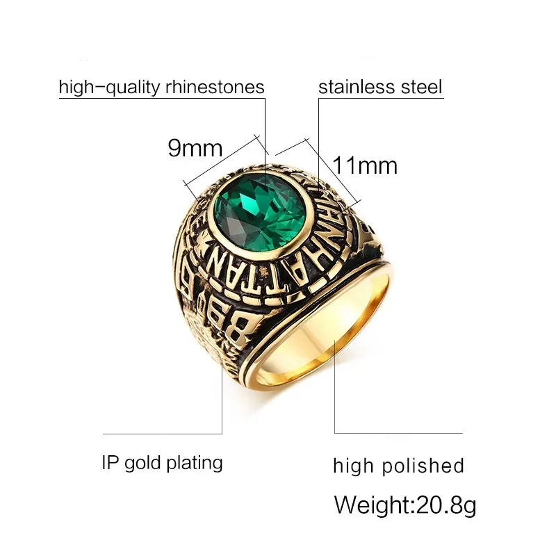 Stainless Steel Manhattan College Ring with Green CZ Crystal for Mens Womens Graduation Gift Gold Plated US size 7-11268G