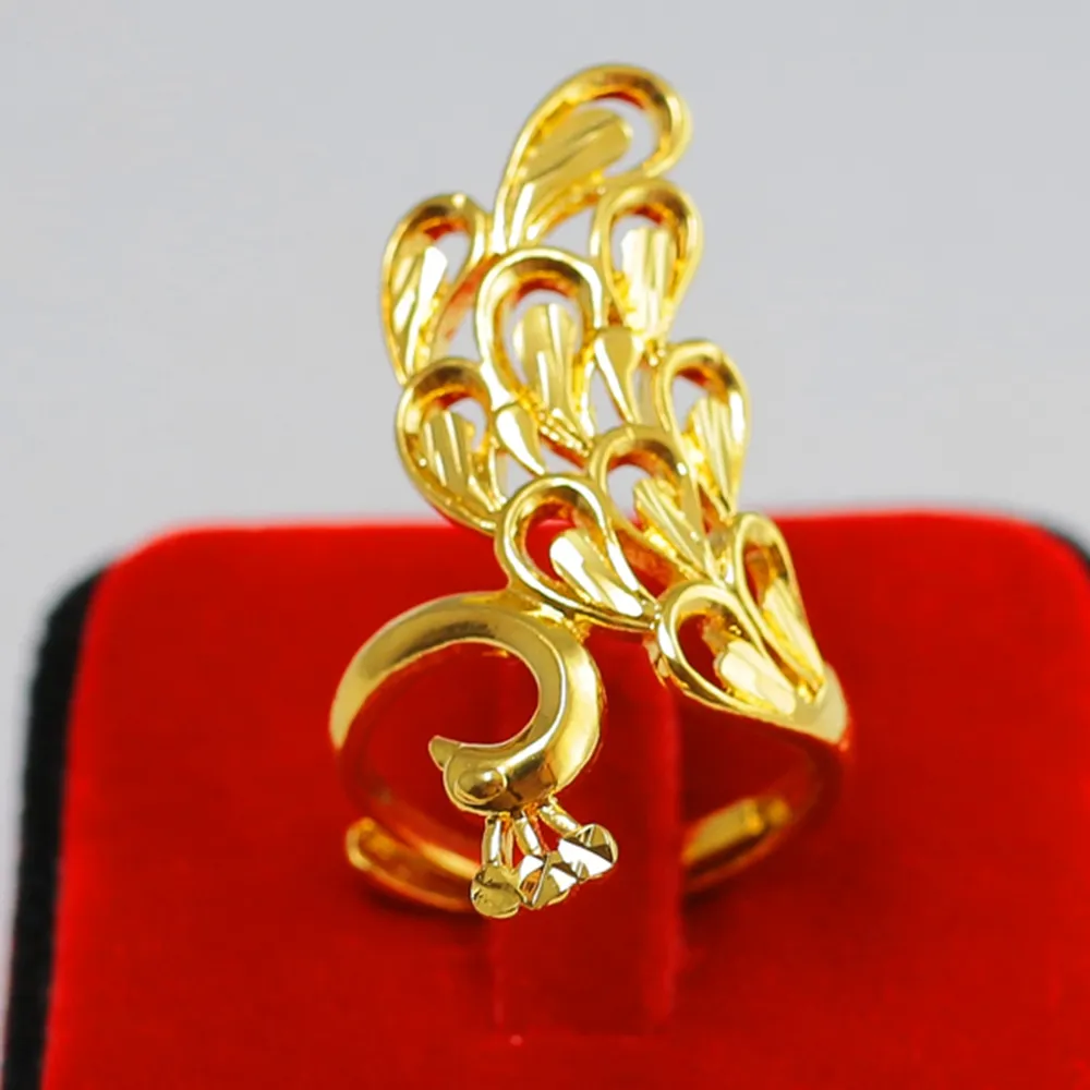 Peacock Ring Beautiful Gift Fashion Lady Accessories 18k Yellow Gold Filled Womens Ring Jewelry Size Adjust