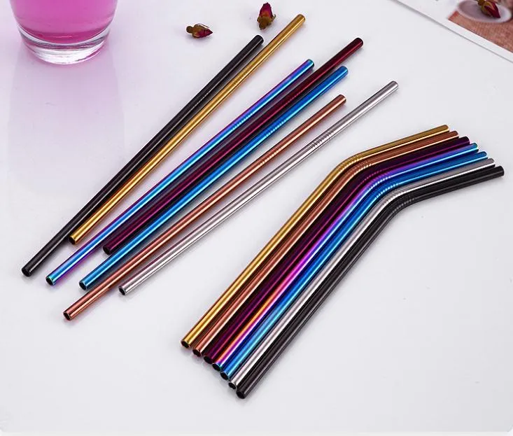 Colorful Stainless Steel Drinking Straw 21.5cm Straight Bent Reusable Straws Juice Party Bar Accessorie SN034