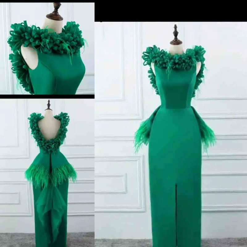 Green Sheath Prom Dresses Feather Peplum Satin Evening Gowns Saudi Arabia Floor Length Low Back Formal Party Dress Custom Made Formal Wear