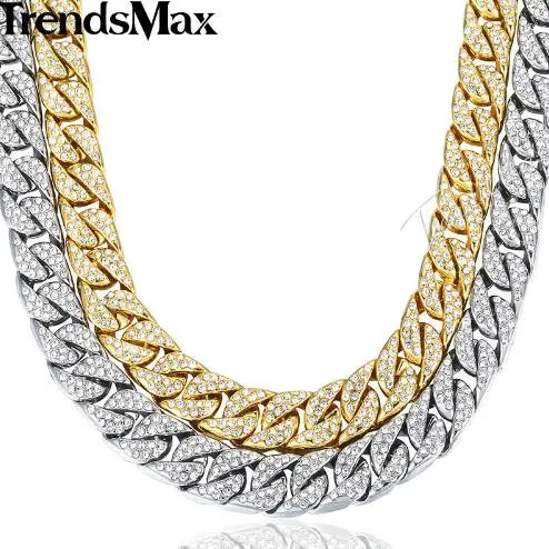 14mm 60 cm hiphop bling jóias colar para homens gelados para fora miami freio Cubano link corrente de ouro prata cor cz rhinestones gn432