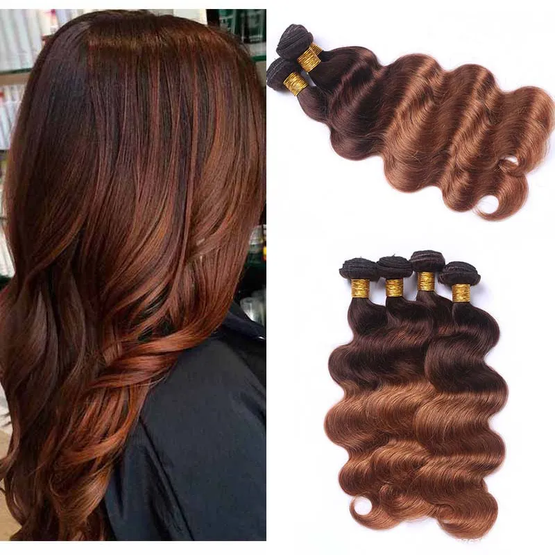 Mörkbrun 4/30 # ombre väv våt och vågig peruansk jungfru mänskligt hår buntar kroppsvåg två ton färgade remy mänskliga hårförlängningar