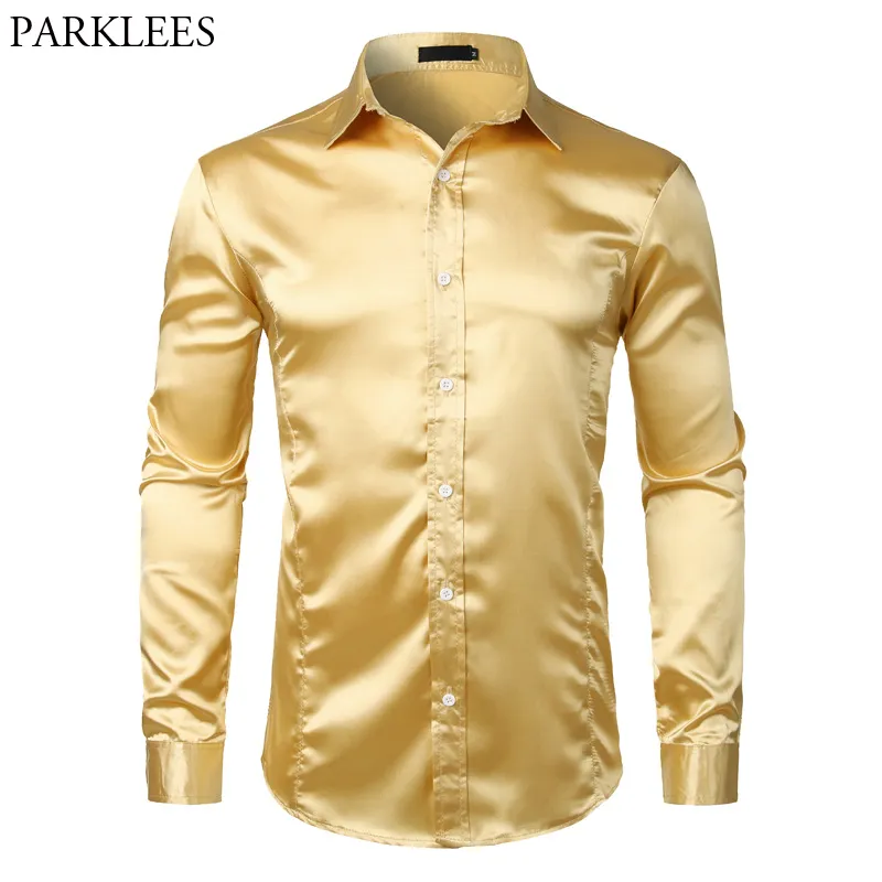 Gold Smooth Silk Silk Vestido Camisa Homens Slim Fit Manga Longa Chemise Homme Casual Casual Clube Festa De Promema Smoking Camisa Masculino S-2XL