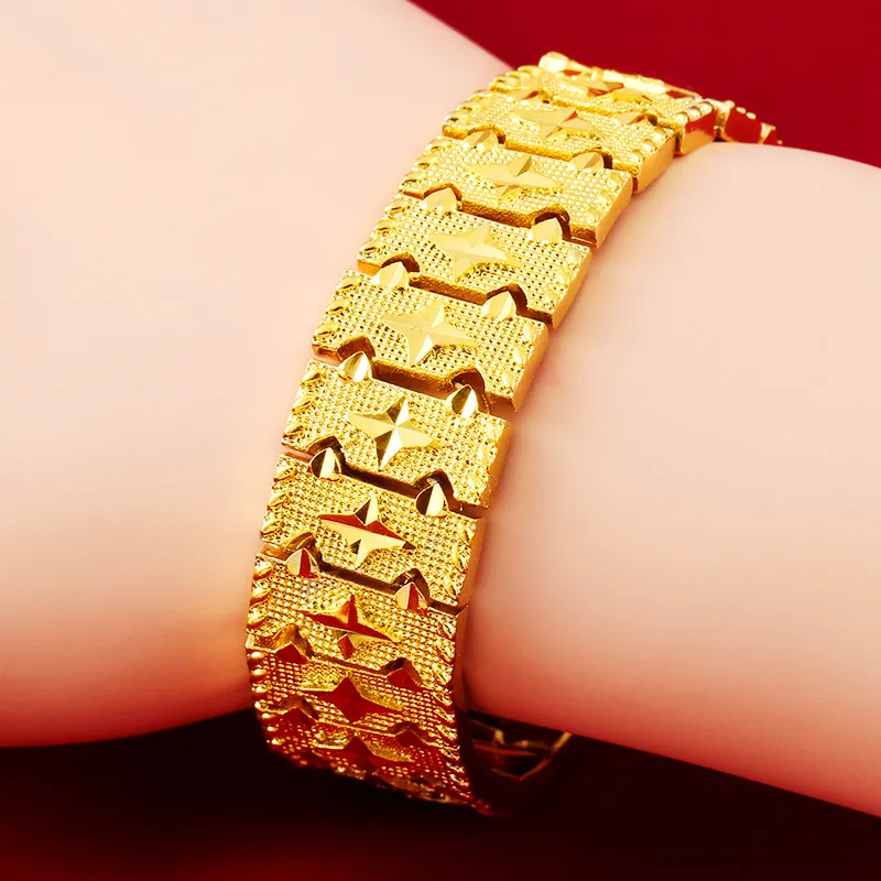 Solido bracciale a fascia larga 17 mm Bracciale da uomo da donna stile classico riempito in oro giallo 18k spesso