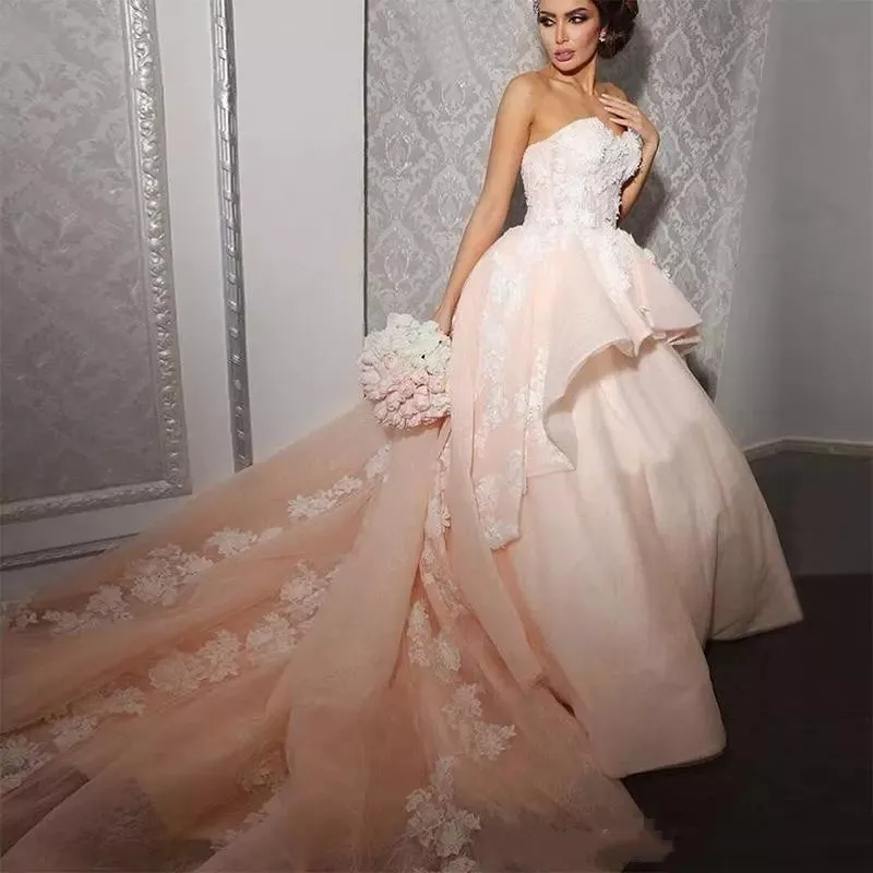 Arabic Bridal Dresses Peach Pink Plus Size Ball Gown Wedding Dress