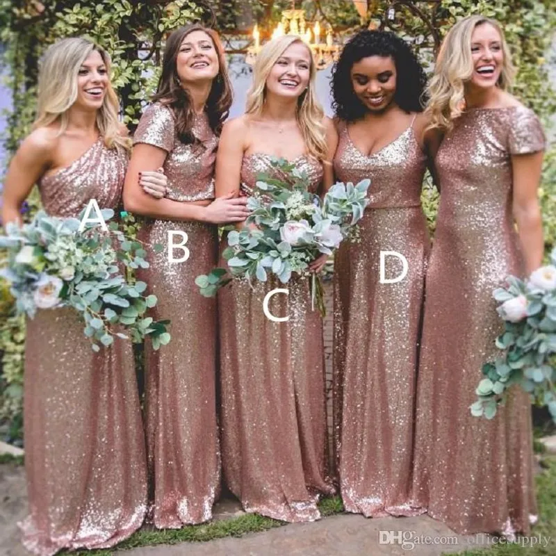 Bling розового золота Sequined невеста платье Длинные Sexy Длина пола BOHO Bridesmaids платье плюс размер выполненные на заказ