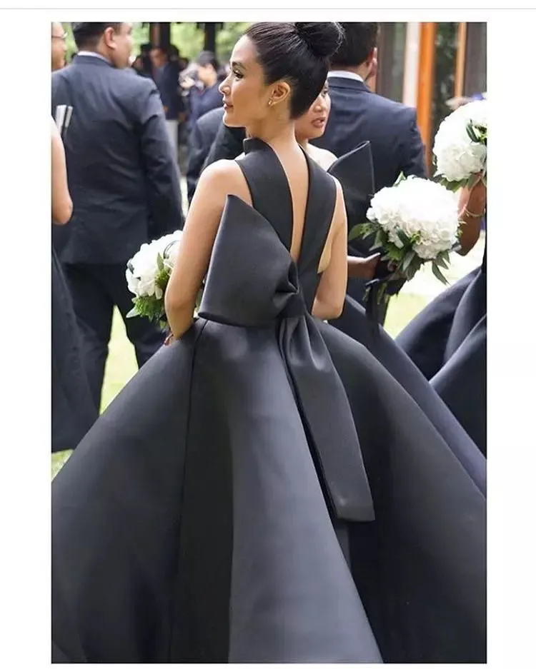 Elegantes Satin-Ballkleid für Brautjungfern, modisch, Stehkragen, große Schleife, knöchellange Ballkleider, glamouröses formelles Hochzeitskleid in Dubai