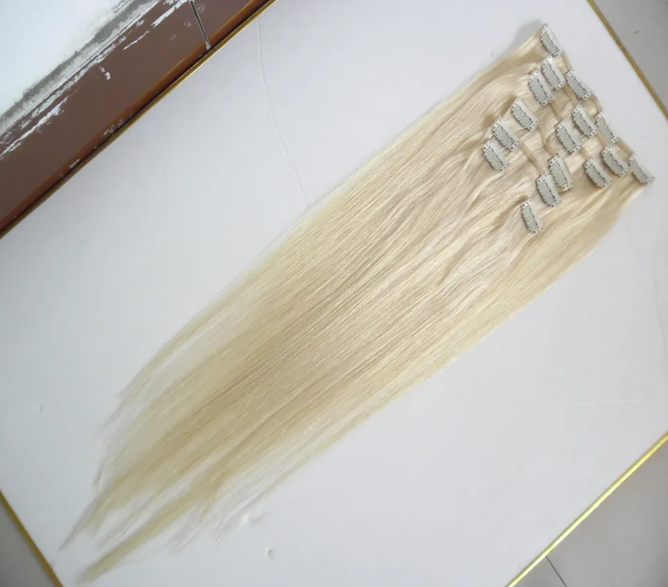 16" 18" 20" 22" 24" 26" Clip dritta Remy fatta a macchina nelle estensioni dei capelli umani 100G Clip di capelli umani al 100% in bionda 7 pezzi/set