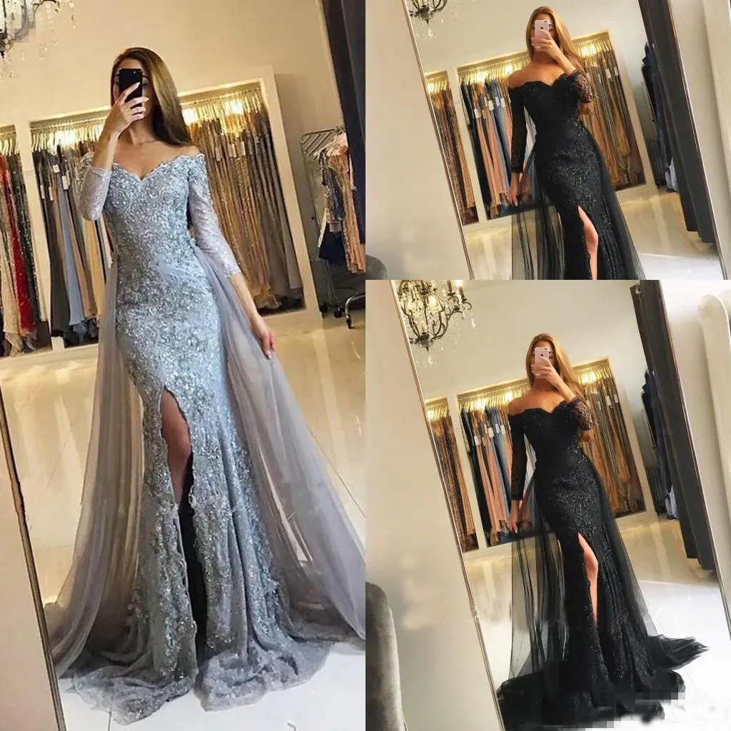 Silver Black Evening Dresses Long Sleeves Off Shoulder Overskirts Formal Arabic Dubai Mermaid Prom Gowns Split Side Party Gowns