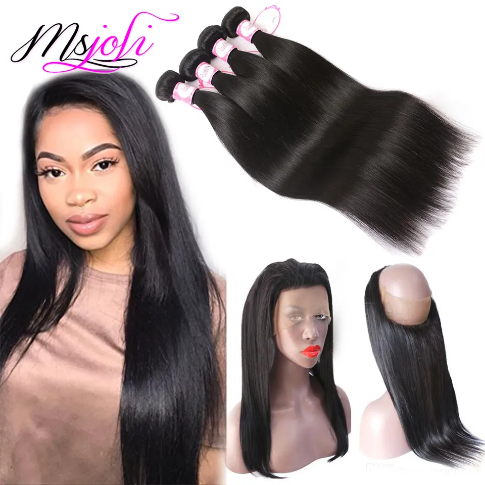 9A Peruvian virgin human hair straight 360 lace frontal with 3 bundles natural color beauty unprocessed hair by msjoli