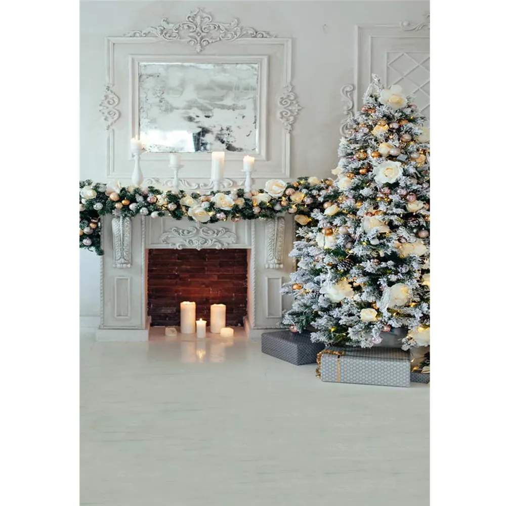 Indoor Fireplace Xmas Party Background Printed Candles Flowers Gold Balls Decorated Christmas Tree Kids Family Photo Backdrops