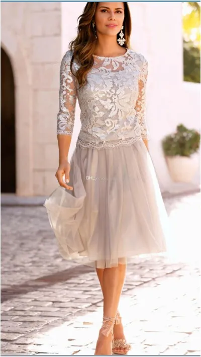 2018 Short Cheap Two Pieces Mother Of Bride Dresses Jewel Neck Tulle Lace Appliques Knee Length Silver Formal Cheap Wedding Guest Gowns