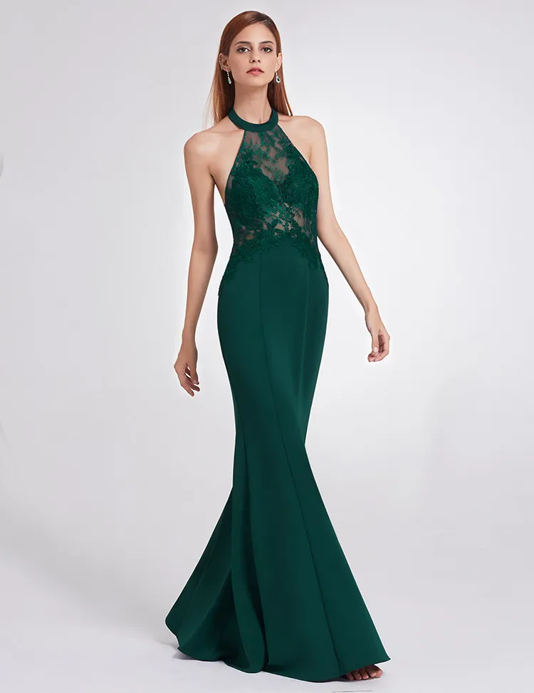 New High Quality Formal Prom Dresses Dark Gren Elegance Halter Lace Sleeveless Backless Fishtail Evening Dresses HY143e