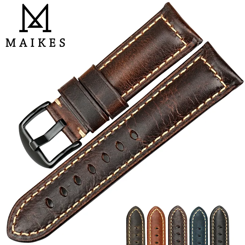 Maikes Wysokiej Jakości Zegarek Akcesoria Watchbands 20mm - 26mm Brown Vintage Oil Wax Skórzany Zegarek do paska