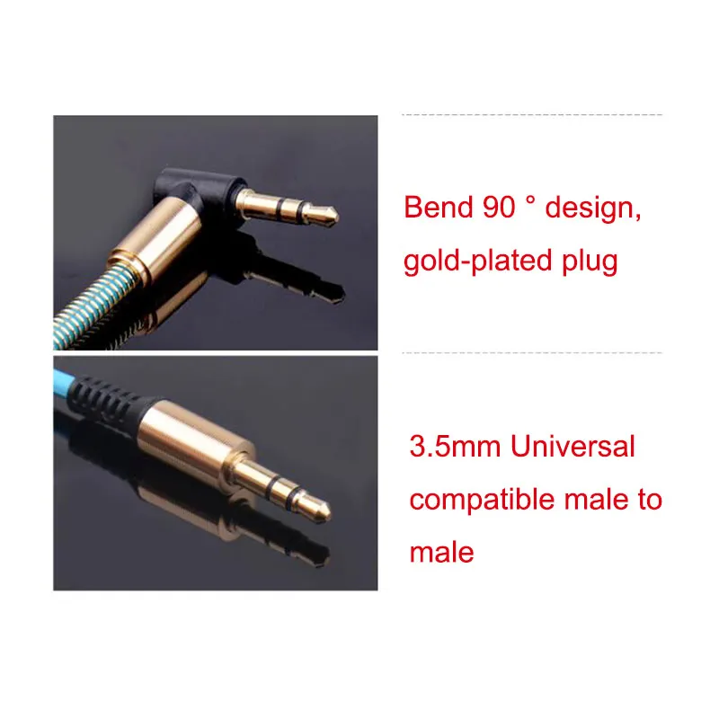3,5 mm Man till manlig vinkel Hjälpsbil Stereo Audio Aux Cable Metal för telefoner Bil iPhone hörlurar