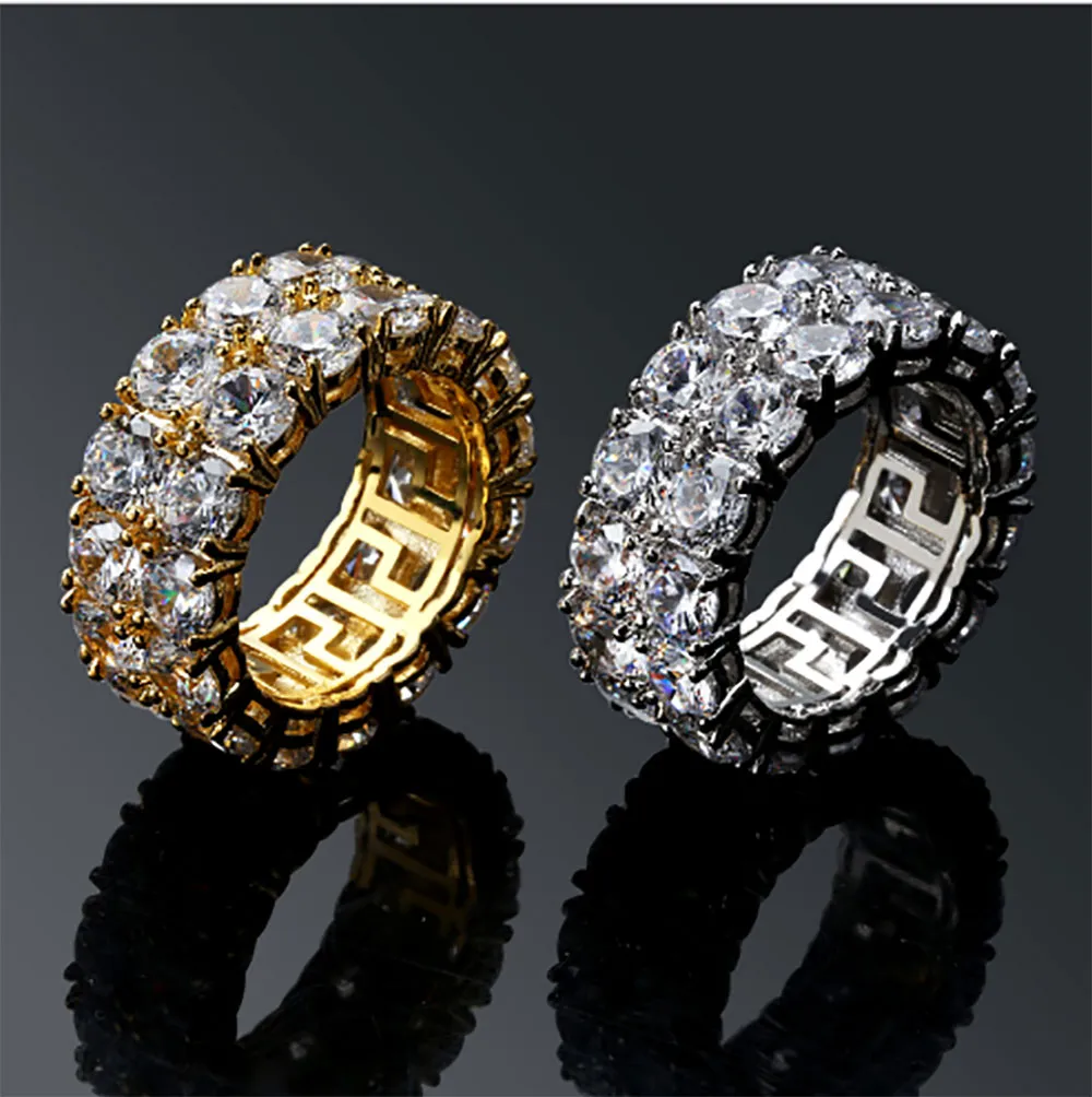 Mens 2 Row Iced Out 360 Eternity Bling Rings Micro Pave Cubic Zirconia Gold Plated Simulated Diamonds Hip Hop Ring with Gift Box