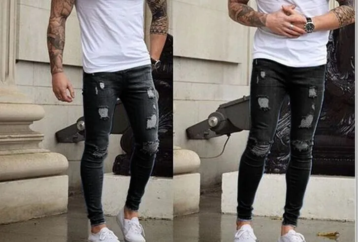 New Men Ripped Holes Denim jeans 2018 skinny blue Jeans Pantalones para hombre slim fit con plisado lavado streetwear pantalones hombres