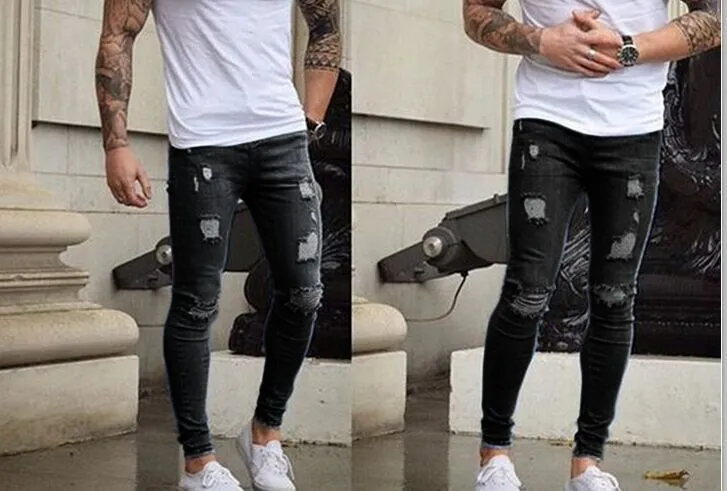 Nuovi uomini strappati fori jeans jeans in denim 2018 pantaloni da jeans blu magro per uomo slim fit con pantaloni streetwear lavato pieghettato uomini