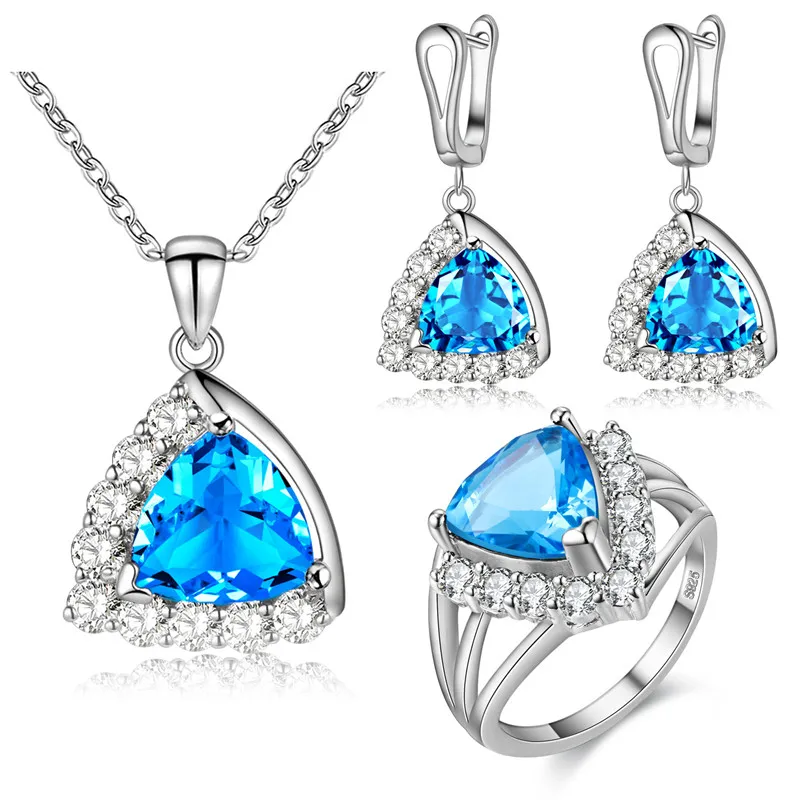 Vecalon Jewelry Sets Cz Diamond 925 sterling silver Necklace Earrings ring Jewelry set for women Birthstone Gift ring size 6-9