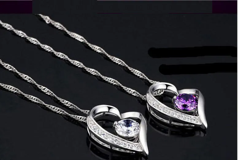 White Austrian crystal Purple Diamonds Love Heart Pendant Statement Necklace Fashion Class Women Girls Ladies Elements Jewelry