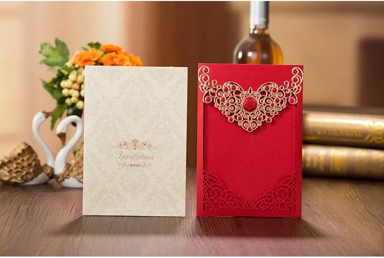 OEM Laser Cut Wedding Invitations Free Printing Card Red Hollow Personalized Chinese Wedding Invitation #BW-I0034