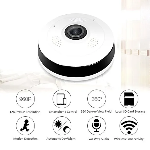 Drahtlose 360-Grad-Panorama-Fisheye-Überwachungskamera für den Innenbereich mit Nachtsicht und Zwei-Wege-Audio-Überwachungssicherheit, damit Ihr Zuhause sicher ist