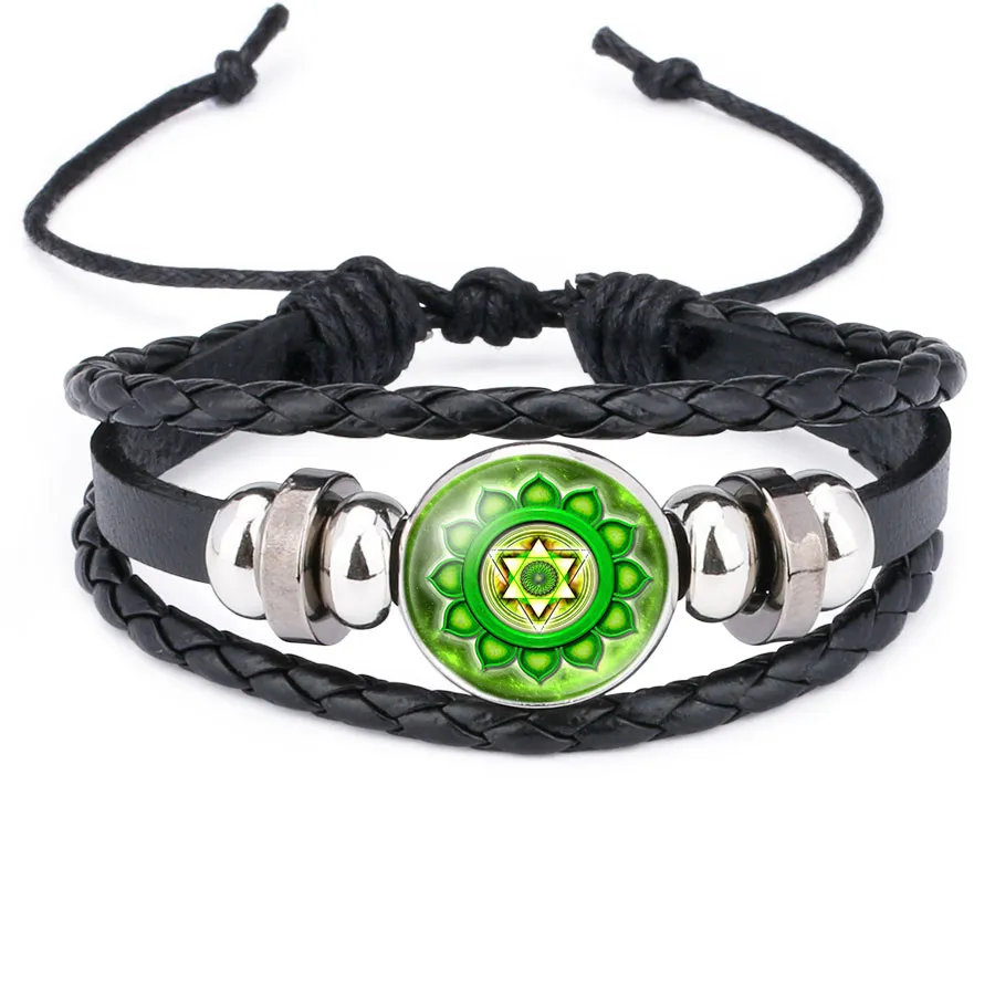 Sept Chakra Yoga Reiki guérison spirituelle verre Cabochon Bracelet en cuir femmes cadeau charme tressé multicouche Bracelet