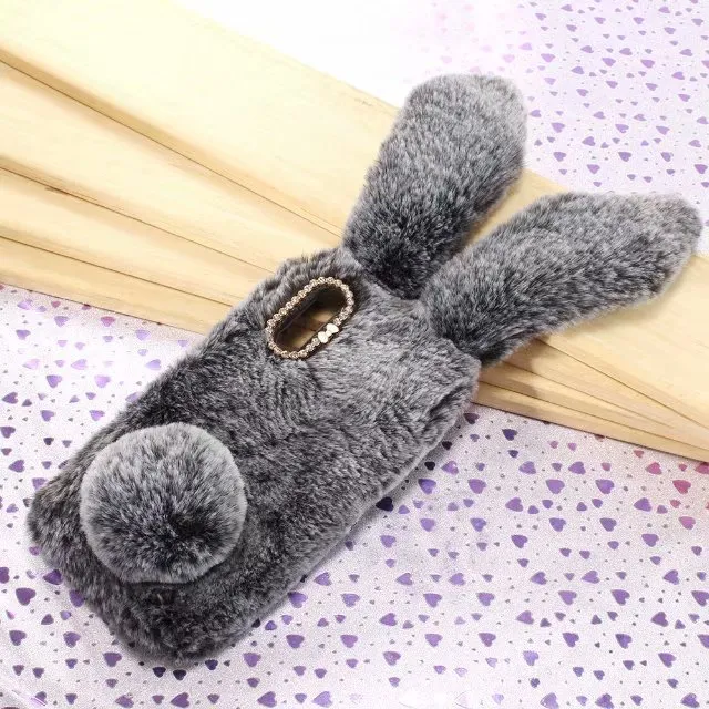 Fashion 3D Rabbit Genuine Hair Plush Cases For iPhone 15 14 13 Pro Max 12 11 XR XS X 8 7 6 Plus Bling Diamond Fluffy Fur Fuzzy Girl Soft TPU Animal Ear Mobile Phone Cover