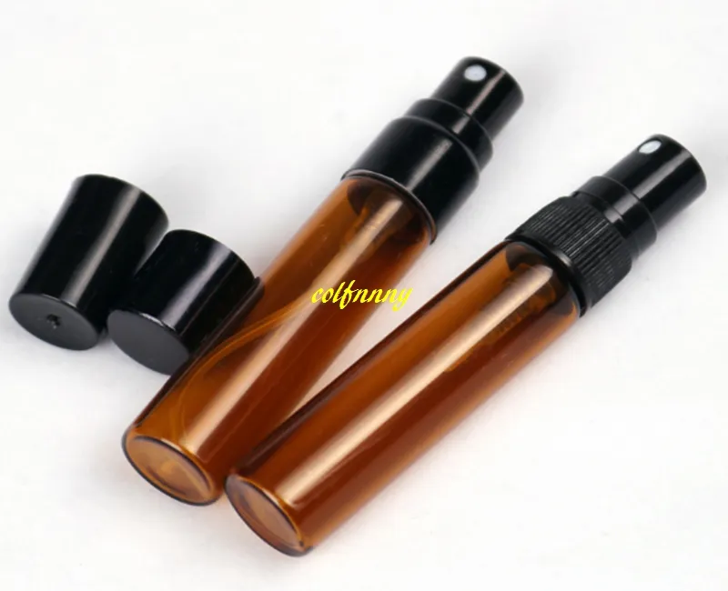 50 sztuk / partia Darmowa Wysyłka 5ml Amber Szkło Spray Bottle 5ml Brown Emtpy Refillable Perfume Butelki Czarna plastikowa czapka