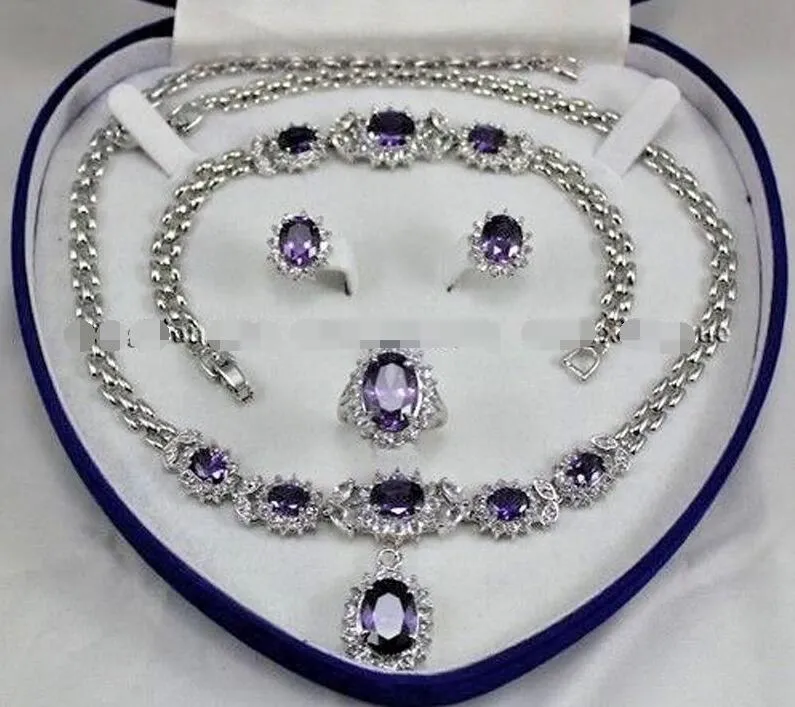 Beautiful!Amethyst Inlay Link Bracelet earrings Ring Necklace Set