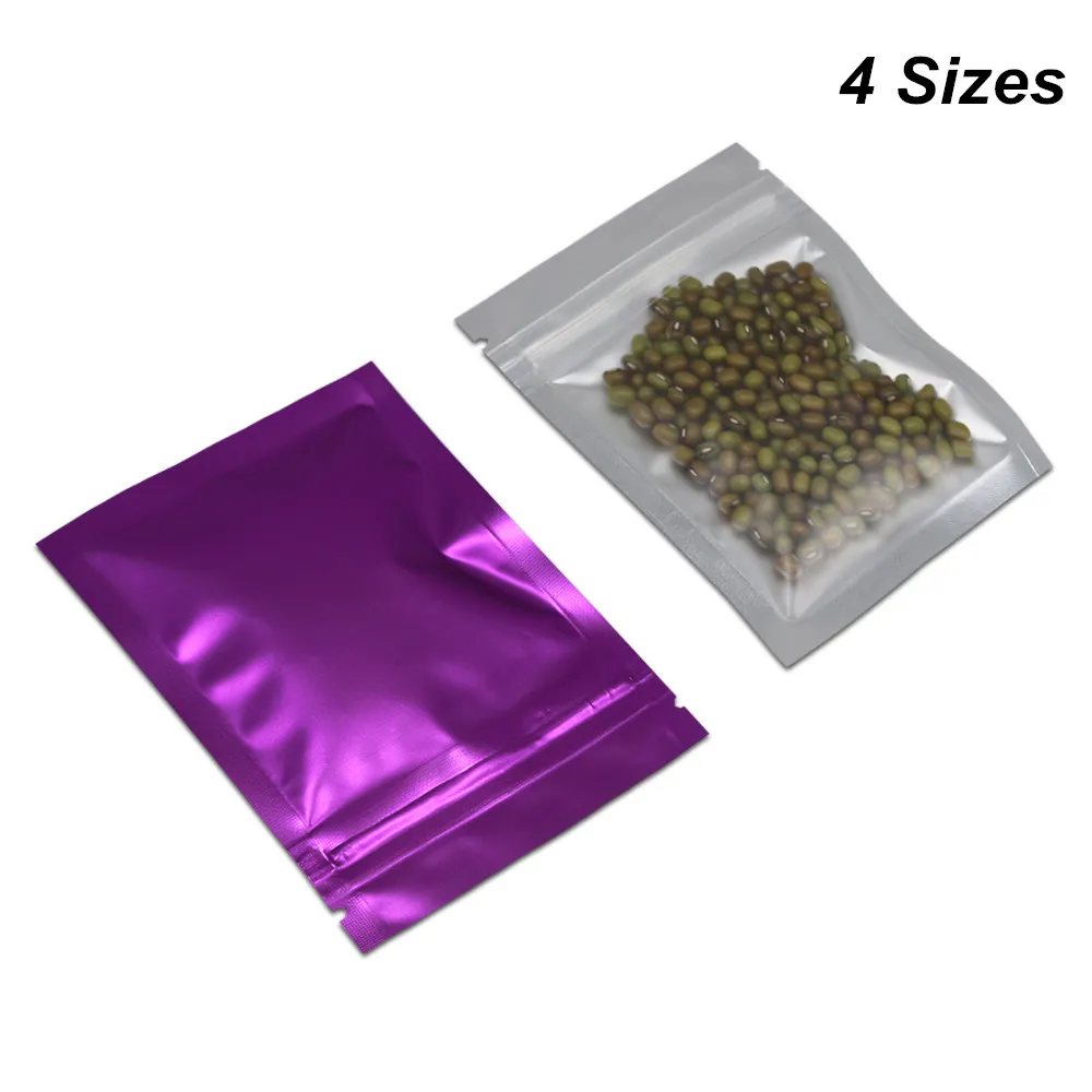 100 Pieces Clear / roxo da folha de alumínio armazenamento de alimentos Zipper sacos de embalagem Mylar Foil Resealable bolsa com rasgo Entalhes Folha Sacos para Nut