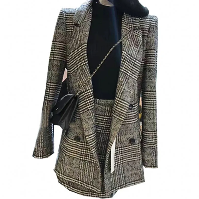 Set a due pezzi Autunno Inverno Donna Gonna pied de poule Abiti Casual Blazer scozzese di lana + Set gonna Abiti da ufficio femminile A784