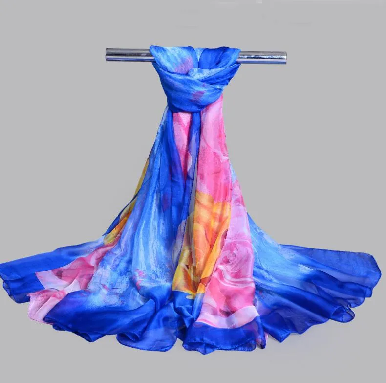 Dames Florial Silk Sjaal Luxe Zomer Strand Handdoek Poncho Girl 200 * 150 cm Big Size Adult Chiffon Bandana Sjaal